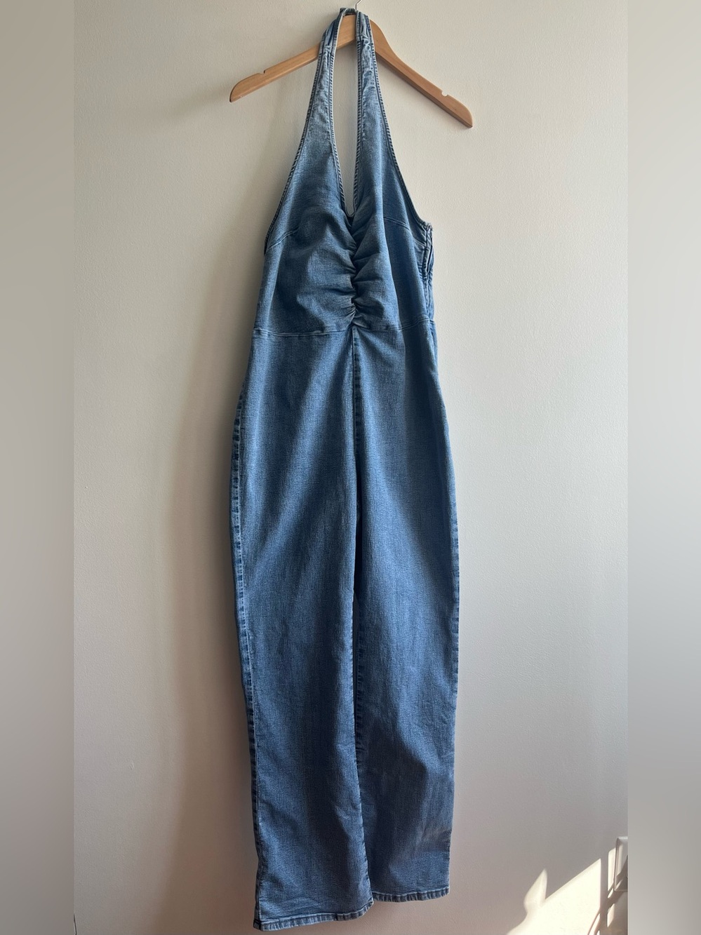 Denim Halter Jumpsuit Medium Blue Wash Wide Leg Y2K Boho Western Size Medium